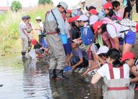 千里川体験学習で高校生が小学生を支援